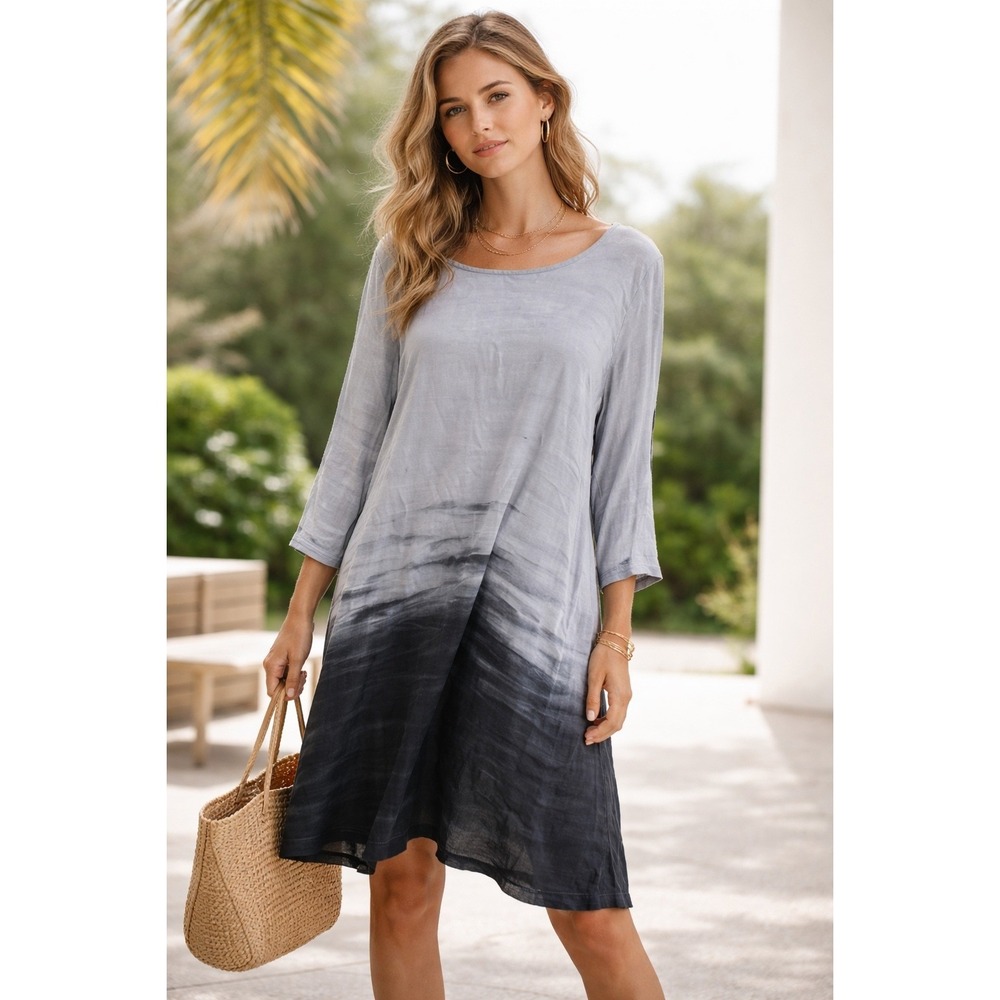 Michael Stars Tunic Dress Women Large Gray Blue Dyed‎ Lagenlook Flowy Artsy Boho